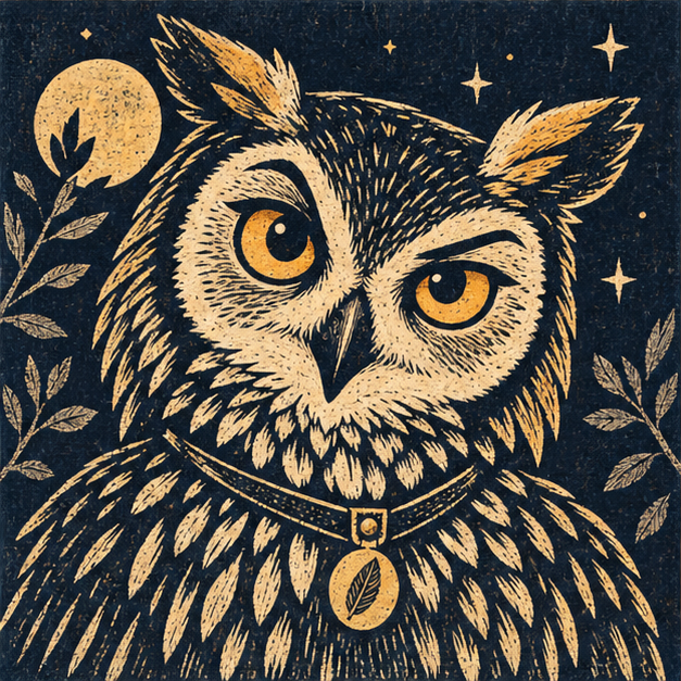 Murgatroyd, an owl-like house familiar with bright eyes and a thoughtful expression